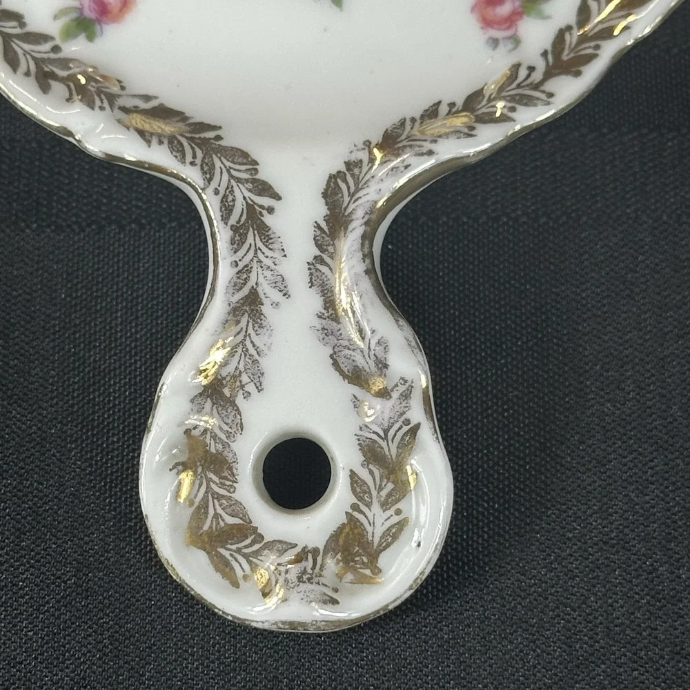 Antique Porcelain Handled Tea Strainer Pink‎ Roses Gold Laurel Shabby Chic